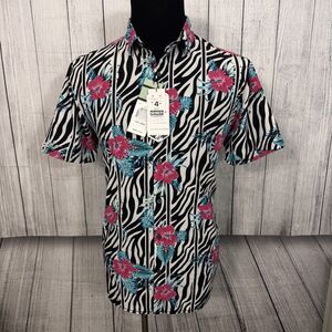 NWT Drill Clothing Co Men's Large Black/Blue Floral/Zebra Button Down Shirt